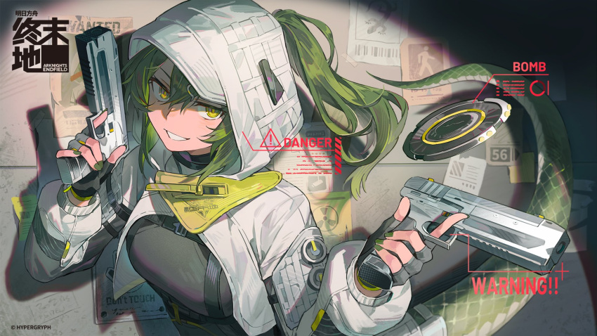 1girl arknights arknights:_endfield black_bodysuit black_gloves bodysuit commentary_request copyright_name dopperu_ben dual_wielding finger_on_trigger fingerless_gloves fluorite_(arknights) gloves green_eyes green_hair gun hair_through_hood handgun highres holding hood hood_up hooded_shrug lizard_tail long_hair long_sleeves looking_at_viewer official_art ponytail puffy_long_sleeves puffy_sleeves reptile_girl shadow shrug_(clothing) sign smirk solo tail upper_body wanted_poster warning_sign weapon white_shrug