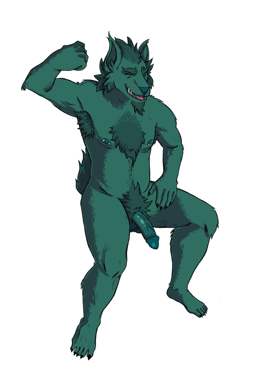 anthro armpit_hair balls black_nails body_hair canid canine canis chest_hair chest_tuft claws colored_nails eyes_closed flexing flexing_bicep fluffy fluffy_tail fur genitals green_body green_fur green_nipples green_nose green_penis green_skin hand_on_leg hand_on_thigh hi_res humanoid_genitalia male mammal mohawk nails nipple_piercing nipples penis piercing pubes satyrspitstain_(artist) sharp_claws sharp_teeth smile solo teeth tuft vein veiny_penis wolf