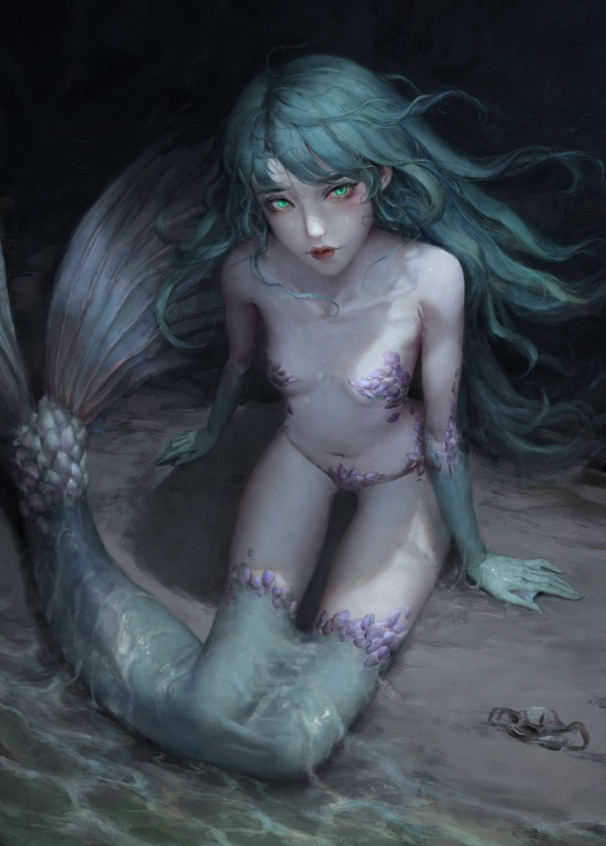 1girl absurdres aqua_hair collarbone crab floating_hair green_eyes highres long_hair looking_at_viewer looking_up meiling_chen mermaid mermaid_(shin_megami_tensei) monster_girl navel night nude on_ground outdoors red_lips scales shin_megami_tensei shore sitting solo split_tail very_long_hair water waves