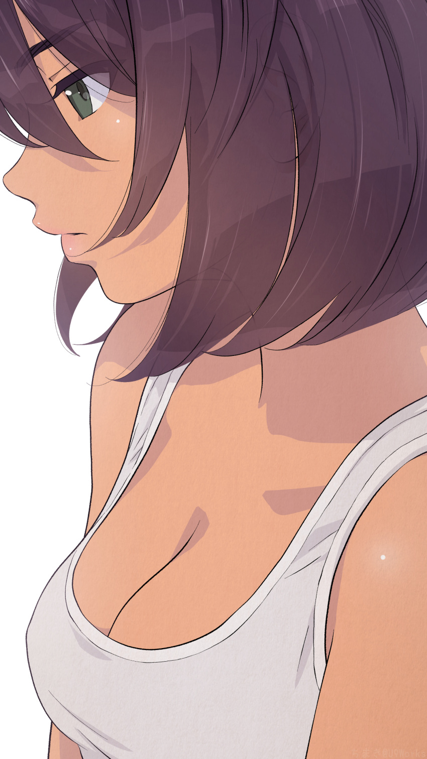 1girl absurdres akagi_(fmttps) breasts brown_hair from_side girls_und_panzer green_eyes hair_between_eyes highres hoshino_(girls_und_panzer) medium_breasts solo tank_top white_background white_tank_top