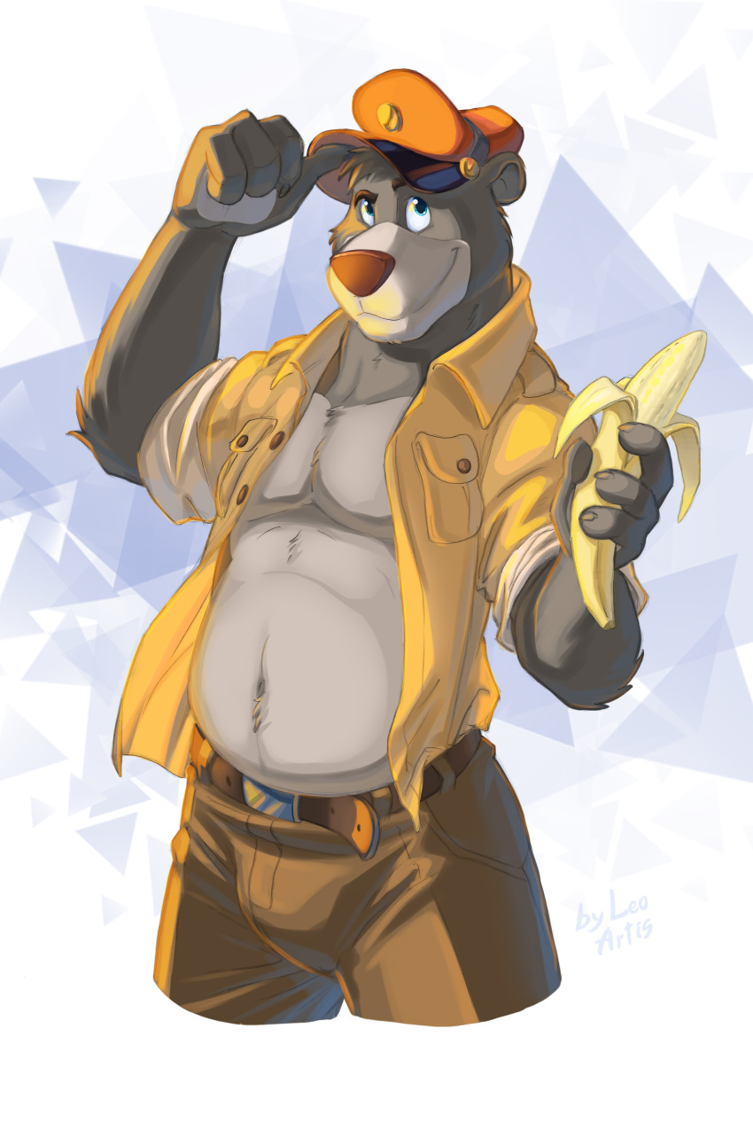 absurd_res anthro baloo banana belly bulge clothed clothing disney food fruit hat headgear headwear hi_res leo-artis male mammal open_clothing open_shirt open_topwear plant shirt solo talespin the_jungle_book topwear ursid