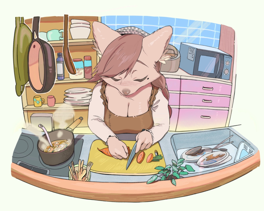 anthro appliance breasts brown_body brown_fur brown_hair canid canine carrot cleavage clothed clothing container cooking cooking_pot cookware cup cutlery cutting_board dirty_dishes dishes female food frying_pan fur hair hair_to_side hi_res holding_food holding_object kerchief kitchen kitchen_appliance kitchen_cabinet kitchen_counter kitchen_knife kitchen_sink kitchen_stove kitchen_utensils knife long_hair long_sleeves looking_down mammal microwave_oven mole_under_eye mug plant solo standing stove tools vegetable yuve2625