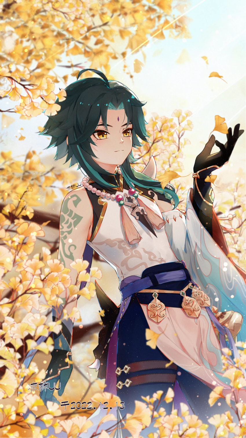 1boy ahoge arm_tattoo artist_name asymmetrical_clothes bead_necklace beads black_gloves black_hair branch chinese_commentary closed_mouth commentary_request dated detached_sleeves diamond_(shape) english_text facial_mark forehead_mark genshin_impact ginkgo_leaf ginkgo_tree gloves green_hair highres jewelry leaf liangji_uu male_focus mixed-language_text multicolored_hair necklace parted_bangs solo tassel tattoo xiao_(genshin_impact) yellow_eyes