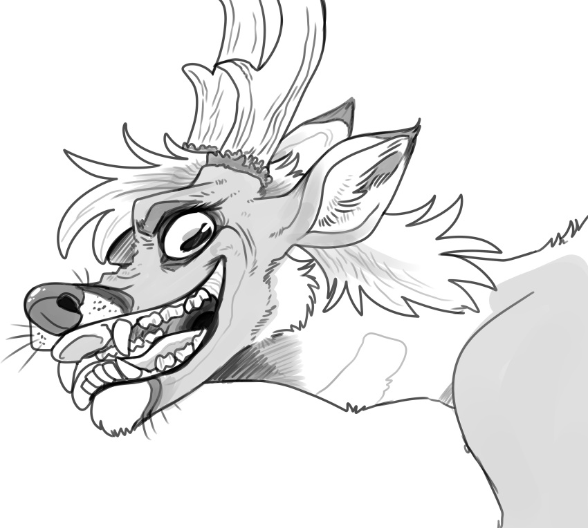 absurd_res anthro antlers back_tuft cervid cheek_tuft chin_tuft dipstick_ears facial_tuft fangs glistening glistening_eyes glistening_nose hair hi_res horn imperatorcaesar inner_ear_fluff insane looking_at_viewer male mammal monochrome multicolored_ears pupils solo square_pupils tongue tongue_out tuft