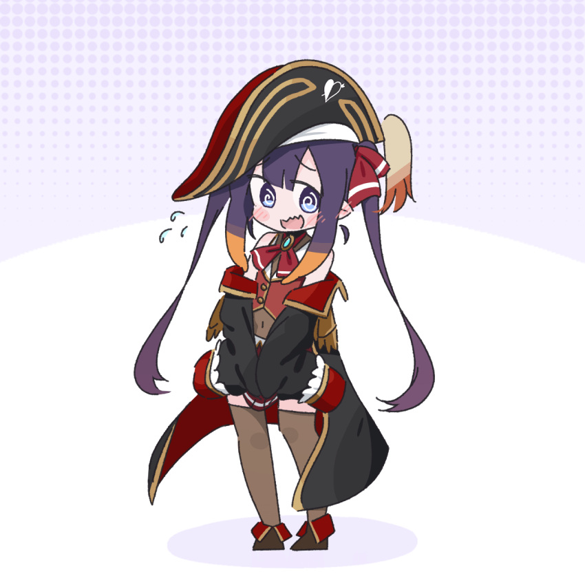 1girl @_@ bangs blush cosplay hair_ribbon hat highres hololive hololive_english houshou_marine houshou_marine_(cosplay) long_hair multicolored_hair ninomae_ina'nis pointy_ears potato7192 purple_hair ribbon skirt tentacle_hair thighhighs twintails virtual_youtuber white_background