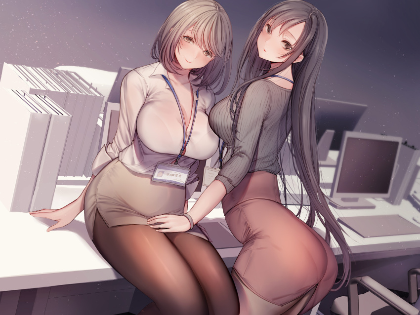 2girls absurdres amane_ruri ass bangs binder black_hair black_sweater bra_visible_through_clothes breasts brown_eyes brown_skirt cleavage closed_mouth collared_shirt commentary_request desk grey_hair grey_skirt hand_on_another's_thigh head_tilt highres indoors large_breasts long_hair looking_at_viewer medium_hair monitor multiple_girls name_tag office office_lady on_desk original pantyhose pantylines pencil_skirt ribbed_sweater shirt sitting sitting_on_desk skirt smile standing sweater white_shirt