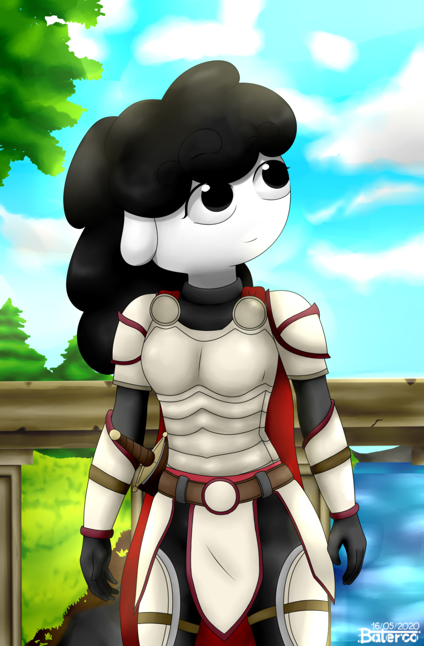 2020 anthro baterco black_eyes black_hair bovid caprine detailed_background female forest hair hi_res knight knight_armor looking_away mammal plant puffy_hair sheathed_sword sheep sheep_ears signature smile solo tree warrior white_body