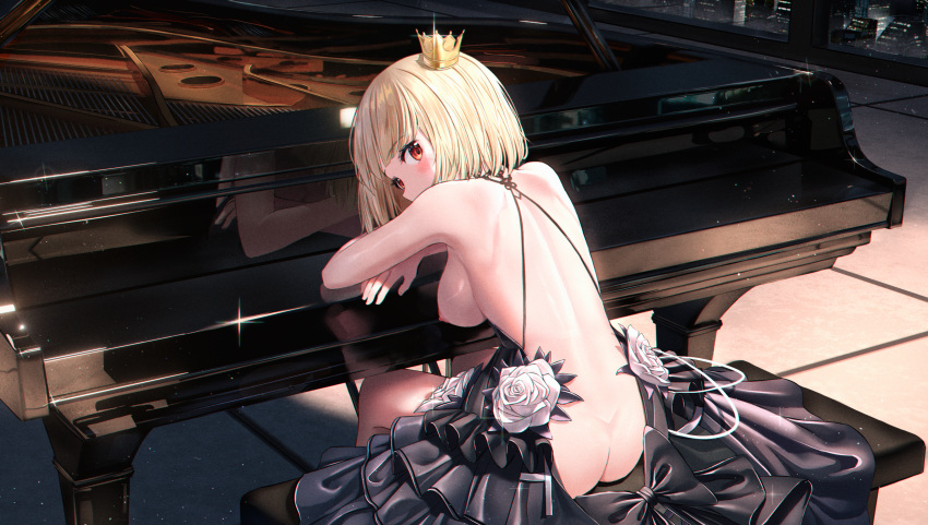 1girl absurdres ass back backless_dress backless_outfit bangs bare_arms bare_shoulders black_dress blonde_hair blush breasts building commission covered_mouth cream_(cream) crown dress flower from_behind grand_piano highres indoors instrument layered_dress looking_at_viewer looking_back medium_breasts mini_crown nay night nipples no_bra no_panties original piano piano_bench pleated_dress red_eyes reflection rose second-party_source short_hair sideboob sitting skyscraper solo tilted_headwear white_flower white_rose window