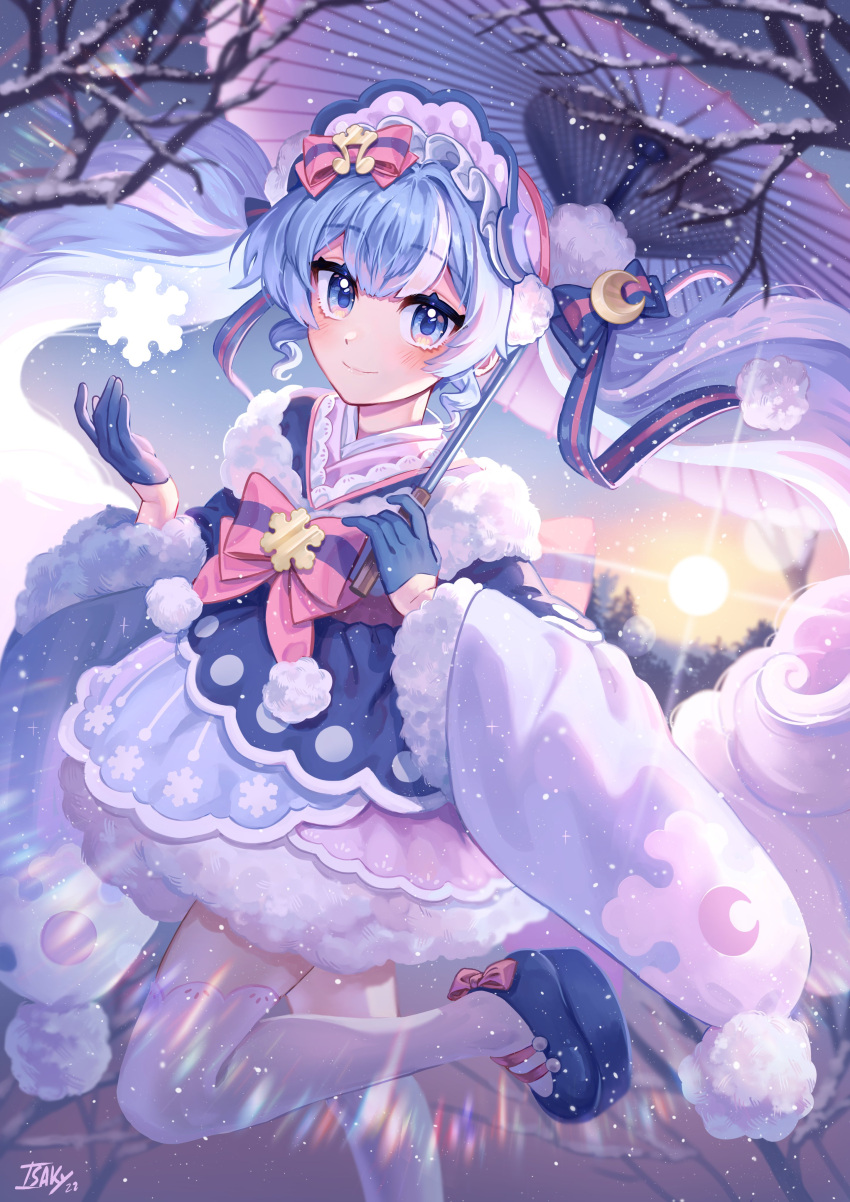 1girl absurdres aqua_eyes aqua_hair artist_name blue_gloves dawn dress gloves hair_between_eyes hatsune_miku headdress highres isakysaku looking_at_viewer multicolored_hair pantyhose sidelocks sky smile snowflake_print snowflakes solo sun sunlight twintails vocaloid yuki_miku