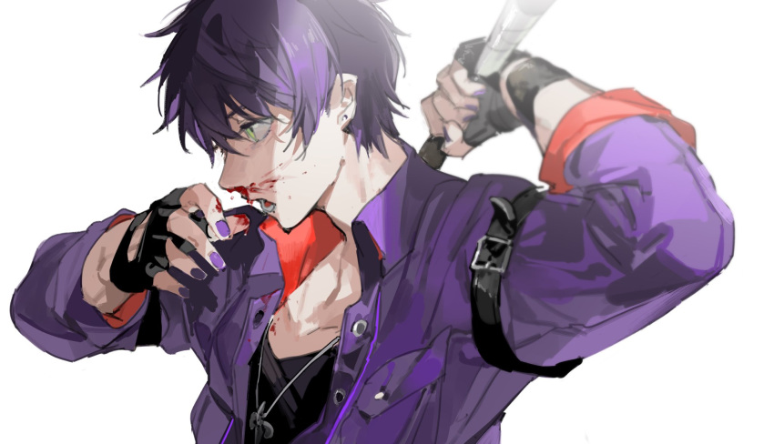 1boy arm_behind_head arm_belt bangs baseball_bat black_gloves black_shirt bleeding blood blood_on_clothes blood_on_face blood_on_hands bokyo delinquent earrings fingerless_gloves from_side gloves green_eyes hands_up highres holding holding_baseball_bat jacket jewelry kenmochi_touya looking_away male_focus nail_polish necklace nijisanji nosebleed open_mouth pendant profile purple_hair purple_jacket purple_nails purple_theme saliva shirt short_hair simple_background solo stud_earrings two-sided_fabric two-sided_jacket upper_body virtual_youtuber white_background