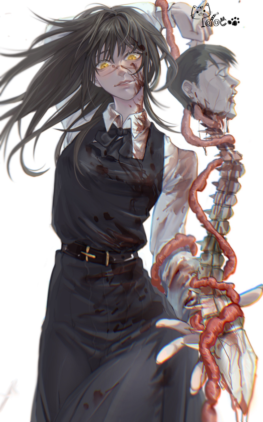1girl arm_up bangs belt belt_buckle black_dress black_hair blood blood_on_clothes blood_on_face buckle chainsaw_man chinese_commentary collared_shirt cowboy_shot crazy_smile dress floating_hair guro highres holding intestines long_hair long_sleeves looking_down mitaka_asa neck_ribbon outstretched_hand parted_lips pinafore_dress ribbon ringed_eyes scar scar_on_cheek scar_on_face school_uniform severed_head shirt signature simple_background sleeveless sleeveless_dress smile solo spine standing war_devil_(chainsaw_man) white_background white_shirt ydocoo yellow_eyes