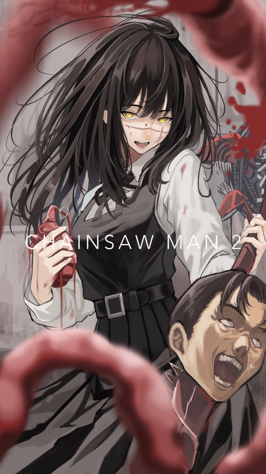 1girl :d belt black_hair blood breasts chainsaw_man disembodied_head heart highres hz_(helu_2) long_hair looking_at_viewer mitaka_asa pleated_skirt scar scar_on_face school_uniform skirt smile solo war_devil_(chainsaw_man) yellow_eyes