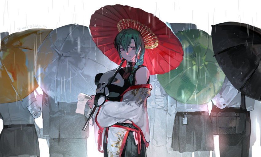 1girl 1other 4boys bangs bare_shoulders black_pants bokyo braid braided_ponytail chinese_clothes collar cowboy_shot crop_top earclip earrings facing_away formal green_hair hair_between_eyes hair_over_shoulder highres hip_vent holding holding_umbrella jacket jewelry layered_clothes long_hair long_sleeves looking_at_viewer midriff_peek miniskirt mole mole_under_eye multiple_boys nijisanji off_shoulder oil-paper_umbrella pants partially_colored pelvic_curtain pleated_skirt purple_eyes rain ryuushen single_braid skirt smile solo_focus stuffed_animal stuffed_panda stuffed_toy suit umbrella virtual_youtuber white_background white_jacket wide_sleeves