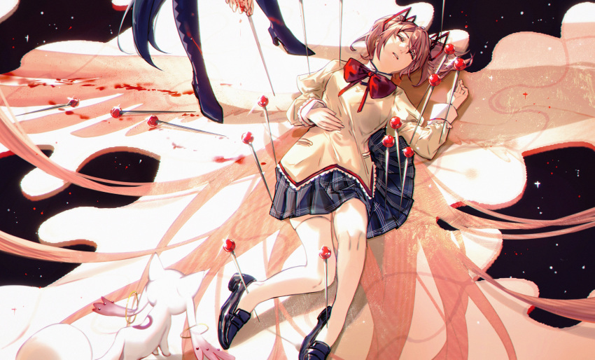 2girls absurdres akemi_homura argyle argyle_legwear blazer blood blood_on_hands blue_footwear blue_hair blue_skirt bow bowtie canothy closed_eyes commentary different_shadow expressionless glint hair_ribbon hand_on_own_stomach high_heels highres holding impaled insect_pin jacket kaname_madoka knee_up kyubey loafers lying mahou_shoujo_madoka_magica mitakihara_school_uniform multiple_girls on_back out_of_frame parted_lips pin pink_hair pinned plaid plaid_skirt red_bow red_bowtie ribbon school_uniform shoes short_hair short_twintails skirt sky star_(sky) starry_sky thighhighs twintails unconscious white_thighhighs yellow_jacket