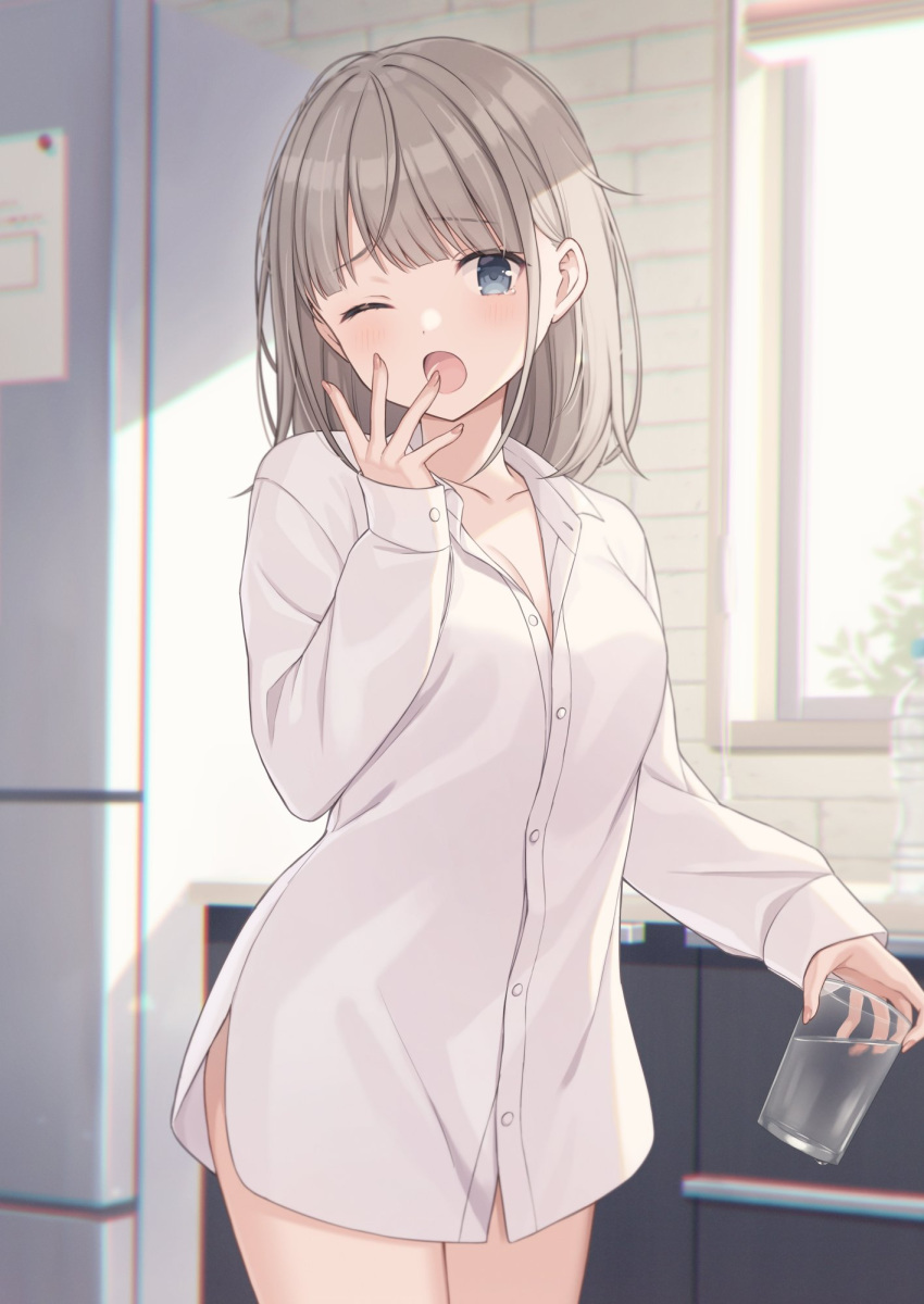 1girl ;o bangs blunt_bangs blush borrowed_garments breasts character_request cleavage collarbone copyright_request cup grey_hair highres holding holding_cup indoors kitchen looking_at_viewer medium_breasts morning one_eye_closed open_collar oversized_clothes oversized_shirt refrigerator shiromikan shirt sleepy solo sunlight tears water white_shirt yawning