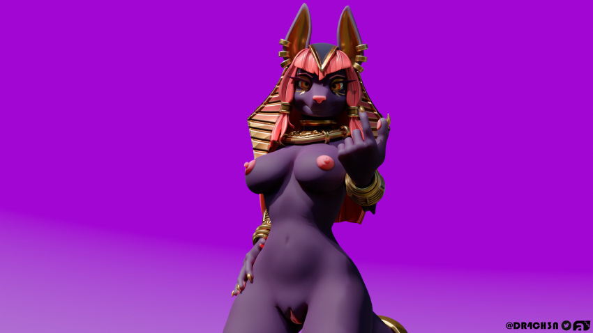 anthro anubis areola belly blender_(software) breasts canid canine canis deity dr4ch3n egyptian_mythology eye_markings eyebrows female genitals gold_(metal) gold_jewelry hair hands_on_hips hi_res inviting jackal jewelry looking_at_viewer mammal markings middle_eastern_mythology mythology navel nipples orange_eyes pink_hair purple_body pussy solo