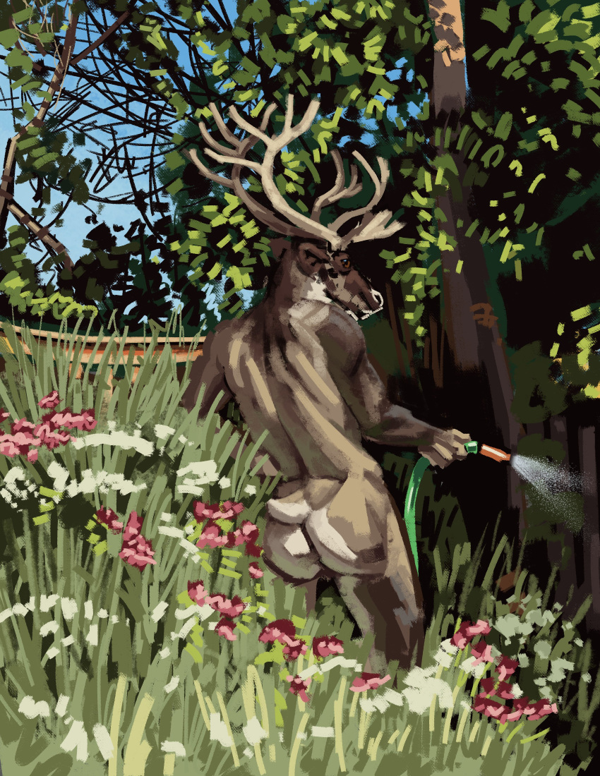 2022 absurd_res anthro antlers branch butt capreoline cervid day detailed_background fence flower fur gardening grass hi_res horn hose leaf male mammal momamo nude outside painterly plant rear_view reindeer sky solo standing tree tuft water