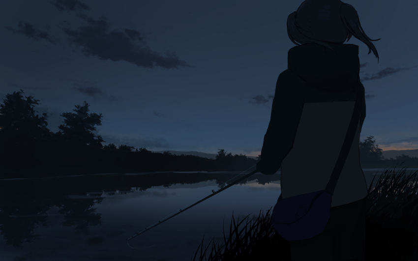 1girl bag black_hair dawn facing_away fishing fishing_line fishing_rod from_behind grass highres holding holding_fishing_rod natsuno_kanasemi original reflection scenery short_twintails shoulder_bag sky standing tree twintails water