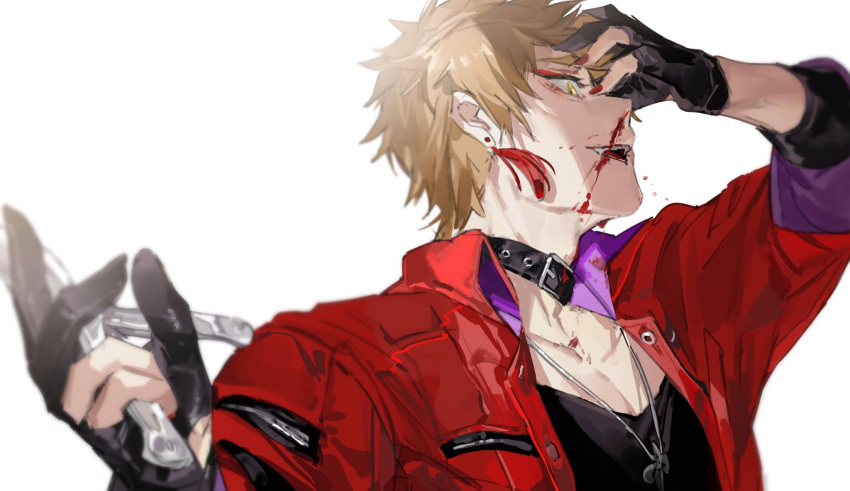 1boy bangs black_gloves black_shirt bleeding blood blood_in_mouth blood_on_face bokyo brown_hair collar delinquent earrings eyelashes from_side fushimi_gaku gloves hand_on_own_face hands_up highres holding injury jacket jewelry light_brown_hair looking_away male_focus nail_polish necklace nijisanji nosebleed open_mouth outstretched_arm partially_fingerless_gloves pectoral_cleavage pectorals pendant pliers profile red_jacket red_nails shirt short_hair simple_background solo tassel tassel_earrings two-sided_fabric two-sided_jacket upper_body virtual_youtuber white_background yellow_eyes