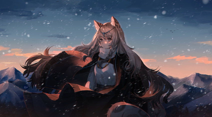 1girl animal_ears arknights azure_silan bead_necklace beads bird black_cloak black_hair braid breasts chinese_commentary circlet cloak closed_mouth cloud cloudy_sky cowboy_shot dress dusk expressionless eyebrows_hidden_by_hair grey_eyes hair_between_eyes highres jewelry leopard_ears leopard_girl leopard_tail long_hair looking_at_viewer medium_breasts motion_blur mountain mountainous_horizon necklace outdoors pramanix_(arknights) side_braids sidelocks sky snow snowing solo spotted_tail standing tail turtleneck_dress white_dress white_hair wind