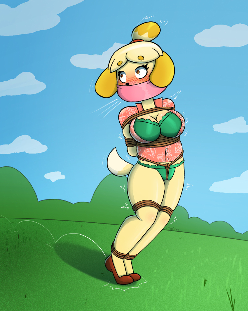 animal_crossing anthro bdsm blush bondage bound bra breasts canid canine canis clothed clothing crotch_rope domestic_dog female footwear gag hi_res hopping isabelle_(animal_crossing) mammal nintendo open_clothing open_shirt open_topwear otm_gag panties restraints rope rope_bondage shih_tzu shirt shoes solo topwear toy_dog underwear video_games zeecibee