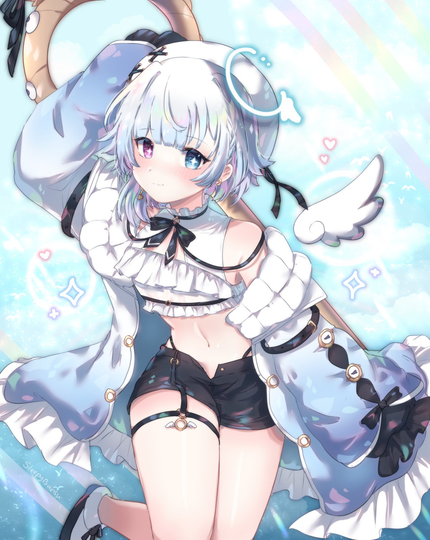 amemiya_nazuna angel_wings arm_behind_head black_shorts blue_coat blue_eyes cleavage_cutout clothing_cutout coat flat_chest frilled_coat halo halter_top halterneck heterochromia highres long_sleeves looking_at_viewer midriff navel off_shoulder short_shorts shorts single_wing sleepy_bunsu solo thigh_strap unbuttoned_shorts virtual_youtuber vshojo white_footwear white_hair white_headwear wings