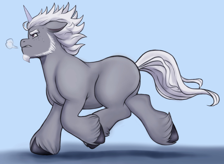 2022 alphabittle_blossomforth_(mlp) beard blue_background bodily_fluids breath clenched_teeth digital_media_(artwork) equid equine eyebrows facial_hair feral fetlocks freckles fur grey_body grey_fur hasbro horn male mammal mlp_g5 my_little_pony purple_eyes running sallylla simple_background solo sweat sweatdrop teeth tuft unicorn