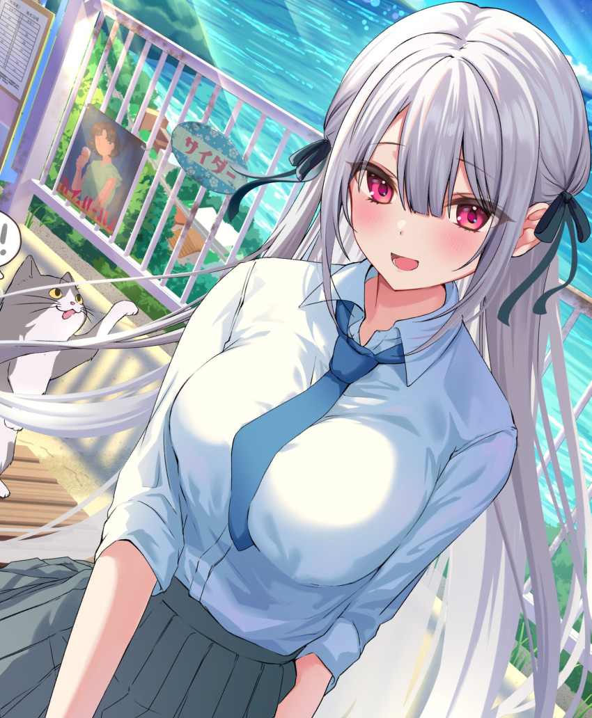 1girl bangs blunt_bangs blush breasts cat collared_shirt day hair_ribbon highres large_breasts long_sleeves looking_at_viewer mikeneko_mari necktie ocean open_mouth original pleated_skirt red_eyes ribbon school_uniform shirt skirt smile twintails white_hair