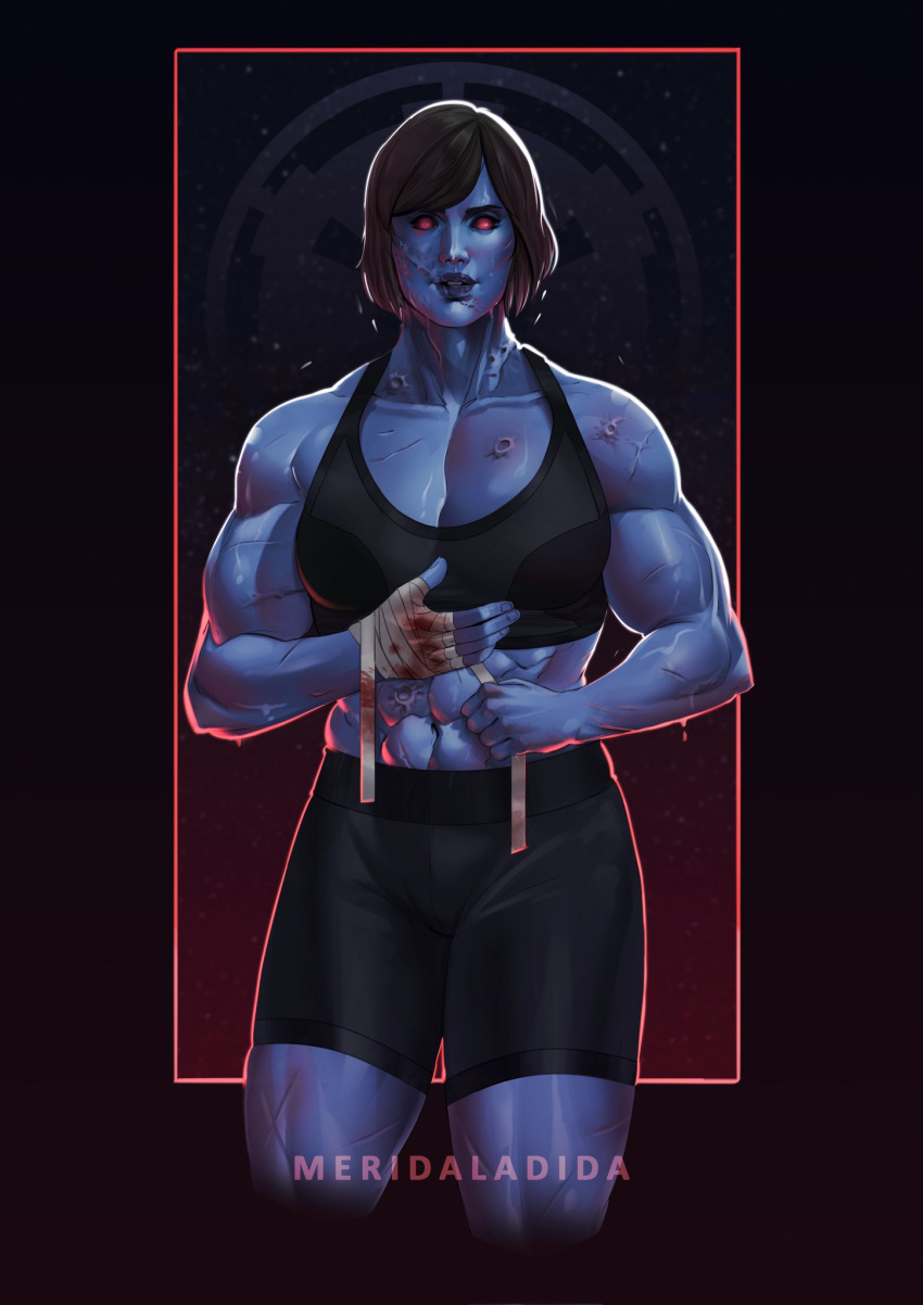 abs alien artist_name bandaged_hand bandages biceps black_hair blue_skin bob_cut breasts colored_skin highres large_breasts looking_at_viewer meridaladida muscular muscular_female red_eyes scar scar_on_face short_hair sportswear star_wars veins veiny_arms