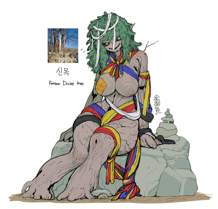 1girl artist_name black_sclera colored_sclera full_body green_hair highres looking_at_viewer medium_hair monster_girl no_feet nude open_mouth original personification plant_girl plant_hair rock roots simple_background sitting solo sparrowl white_background white_eyes