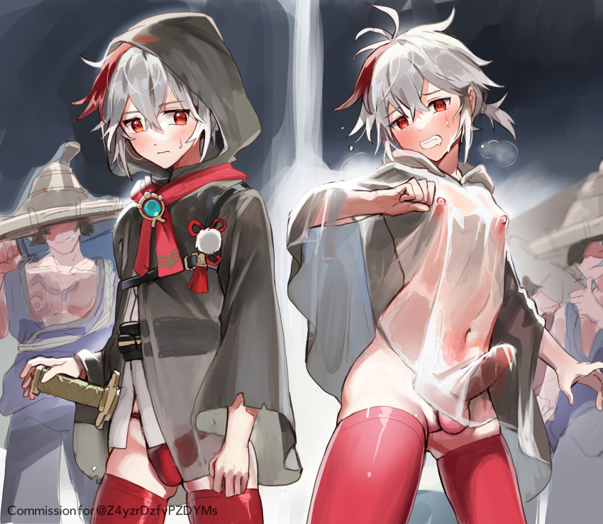 1boy 2others ahegao alternate_costume censored genshin_impact grey_hair highres hood hoodie itsme_takk kaedehara_kazuha multicolored_hair multiple_others penis red_eyes sword testicles vision_(genshin_impact) weapon