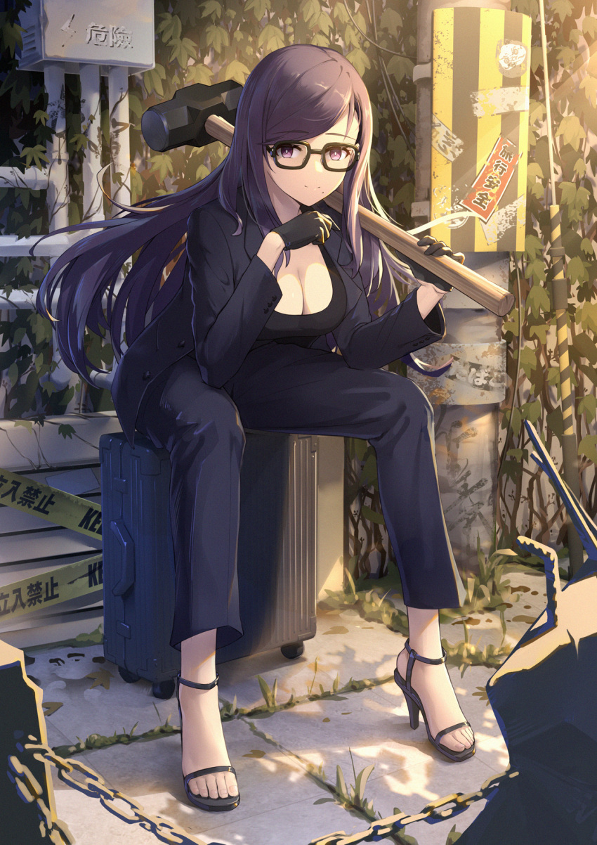 1girl black_hair breasts cleavage glasses hammer highres large_breasts liu_lan long_hair luggage minakata_hizuru purple_eyes sitting summertime_render