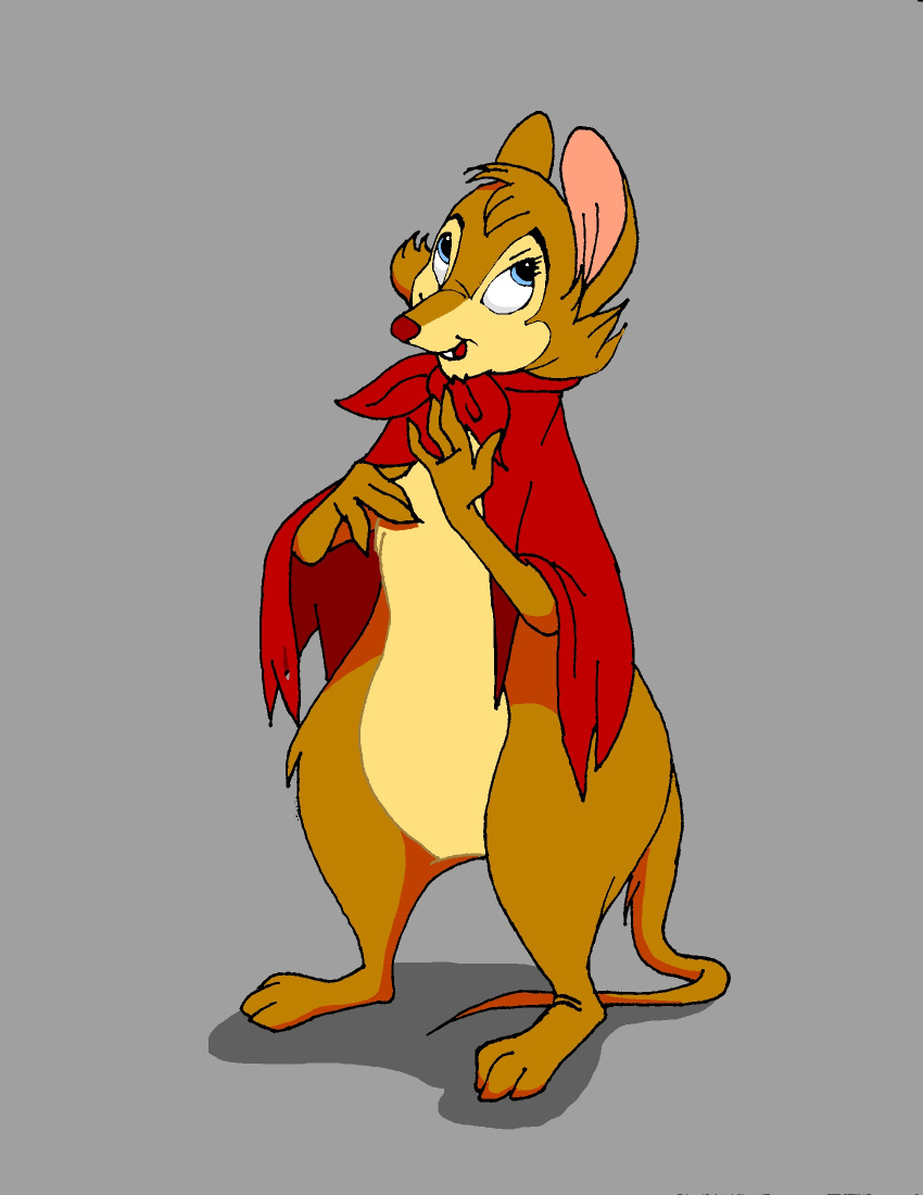 2022 anthro blue_eyes brown_body brown_fur buckteeth clothed clothing danellz digital_media_(artwork) don_bluth featureless_crotch female fur grey_background hi_res mammal mouse mrs._brisby multicolored_body multicolored_fur murid murine open_mouth rodent semi-anthro simple_background solo teeth the_secret_of_nimh two_tone_body two_tone_fur