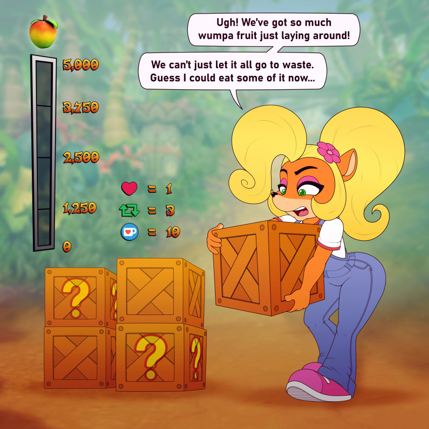 &lt;3 absurd_res activision anthro blonde_hair butt clothing coco_bandicoot crash_bandicoot_(series) crate female food fruit fur hair hi_res overalls plant solo stunnerpony text video_games wumpa_fruit