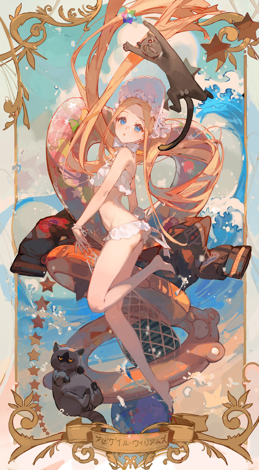 1girl abigail_williams_(fate) abigail_williams_(swimsuit_foreigner)_(fate) abigail_williams_(swimsuit_foreigner)_(third_ascension)_(fate) absurdres animal bangs bare_shoulders bikini black_cat blonde_hair blue_eyes blush bonnet bow breasts cat ciloranko commentary_request fate/grand_order fate_(series) forehead full_body hair_bow hair_rings highres long_hair looking_away multiple_bows navel official_art parted_bangs saint_quartz_(fate) sidelocks sky small_breasts solo star_(symbol) strapless strapless_bikini swimsuit twintails very_long_hair water white_bikini white_bow white_headwear