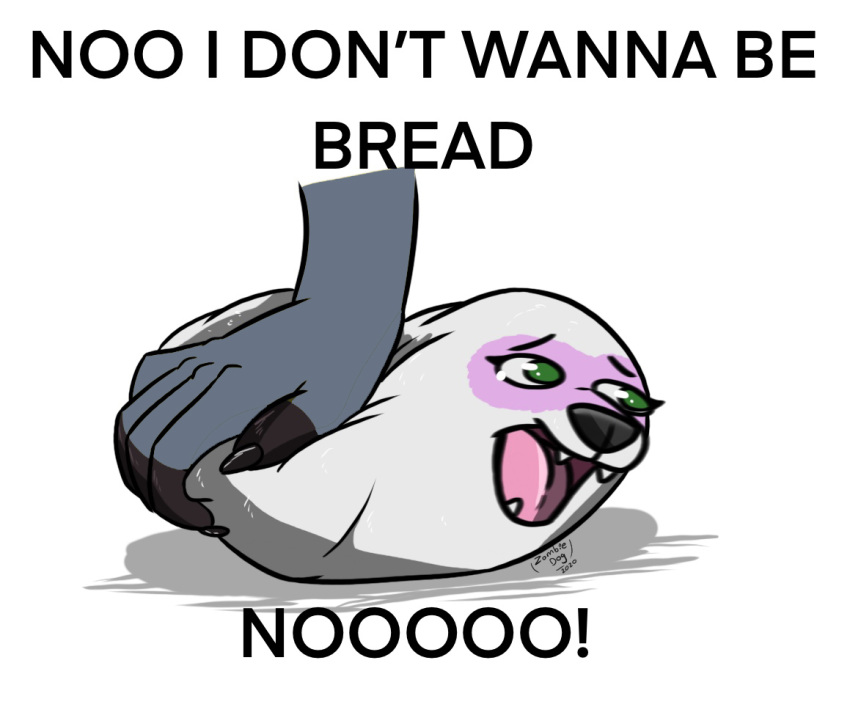 ambiguous_gender bread dialogue disembodied_hand food food_creature hamgie i_don't_want_to_be_bread in_bread mammal meme procyonid raccoon simple_background solo white_background zombiedog_(artist)