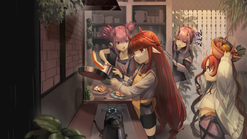 4girls :o ahoge apron arknights basket black_jacket black_necktie black_ribbon black_shirt black_shorts black_thighhighs blue_shirt blue_skirt braid brick_wall carrot collared_shirt cooking demon_girl demon_horns demon_tail flipping_food folded_ponytail food frying_pan green_eyes grey_apron grey_shirt hair_ribbon hemorina hibiscus_(arknights) highres holding holding_basket holding_cooking_pot holding_frying_pan horns indoors jacket kettle lava_(arknights) long_hair long_sleeves midriff multiple_girls myrtle_(arknights) necktie object_on_head open_clothes open_jacket open_mouth pancake pancake_stack peeking_out pitcher plant plate pleated_skirt pointy_ears potted_plant purple_eyes purple_hair purple_skirt red_eyes red_hair red_necktie ribbon shirt short_hair short_twintails shorts siblings sidelocks sisters skirt spatula stove tail thighhighs tomato twintails very_long_hair vigna_(arknights) wavy_hair white_jacket white_shirt yellow_apron