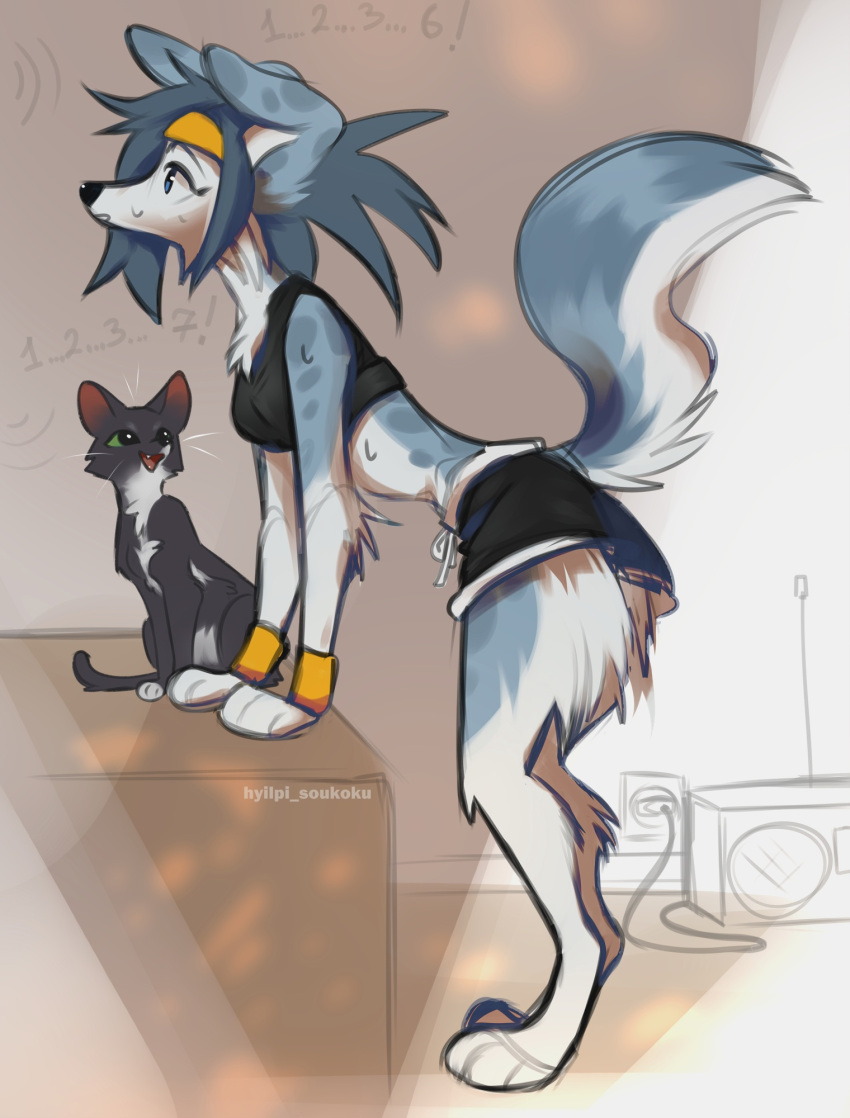 2022 anthro blue_eyes breasts canid canine canis clothed clothing digital_media_(artwork) domestic_cat domestic_dog duo felid feline felis female hi_res hyilpi mammal open_mouth paws teeth tongue
