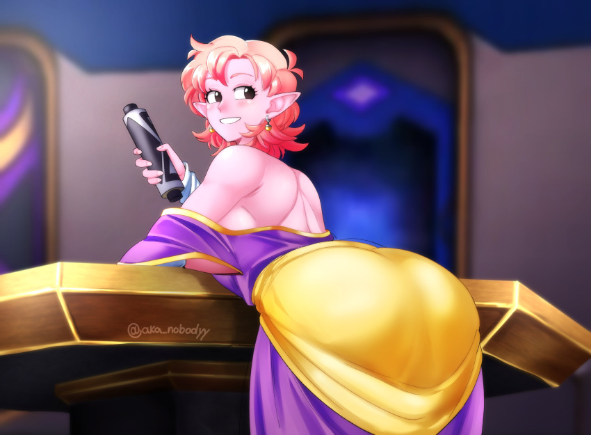 1girl aka_nobodyy ass back bare_shoulders blush breasts chronoa colored_skin detached_sleeves dragon_ball dragon_ball_xenoverse dress earrings from_behind grin highres holding holding_scroll indoors jewelry large_breasts looking_back orange_hair pink_skin pointy_ears potara_earrings purple_dress scroll short_hair smile solo table twitter_username underboob