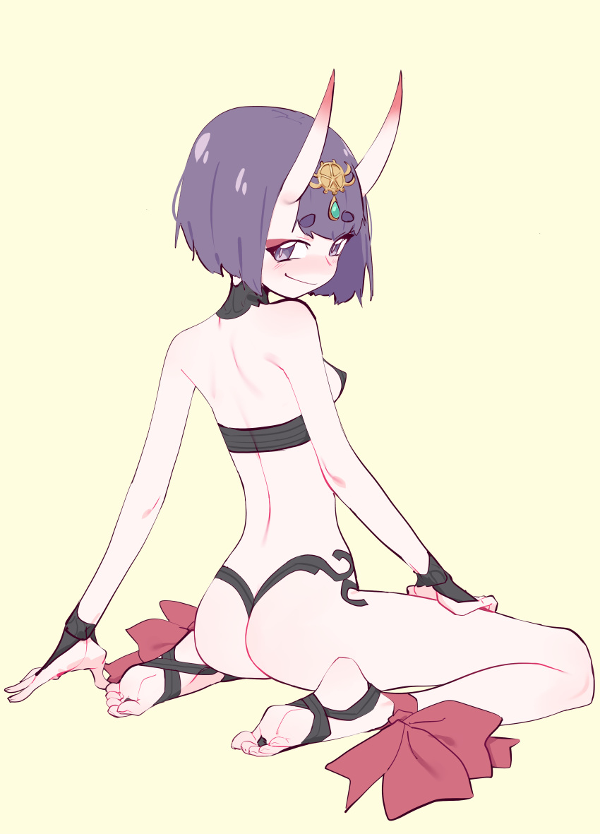 1girl absurdres barefoot_sandals bob_cut eds eyeliner fate/grand_order fate_(series) headpiece highres horns looking_at_viewer makeup oni oni_horns purple_eyes purple_hair revealing_clothes short_hair shuten_douji_(fate) sitting skin-covered_horns solo yellow_background