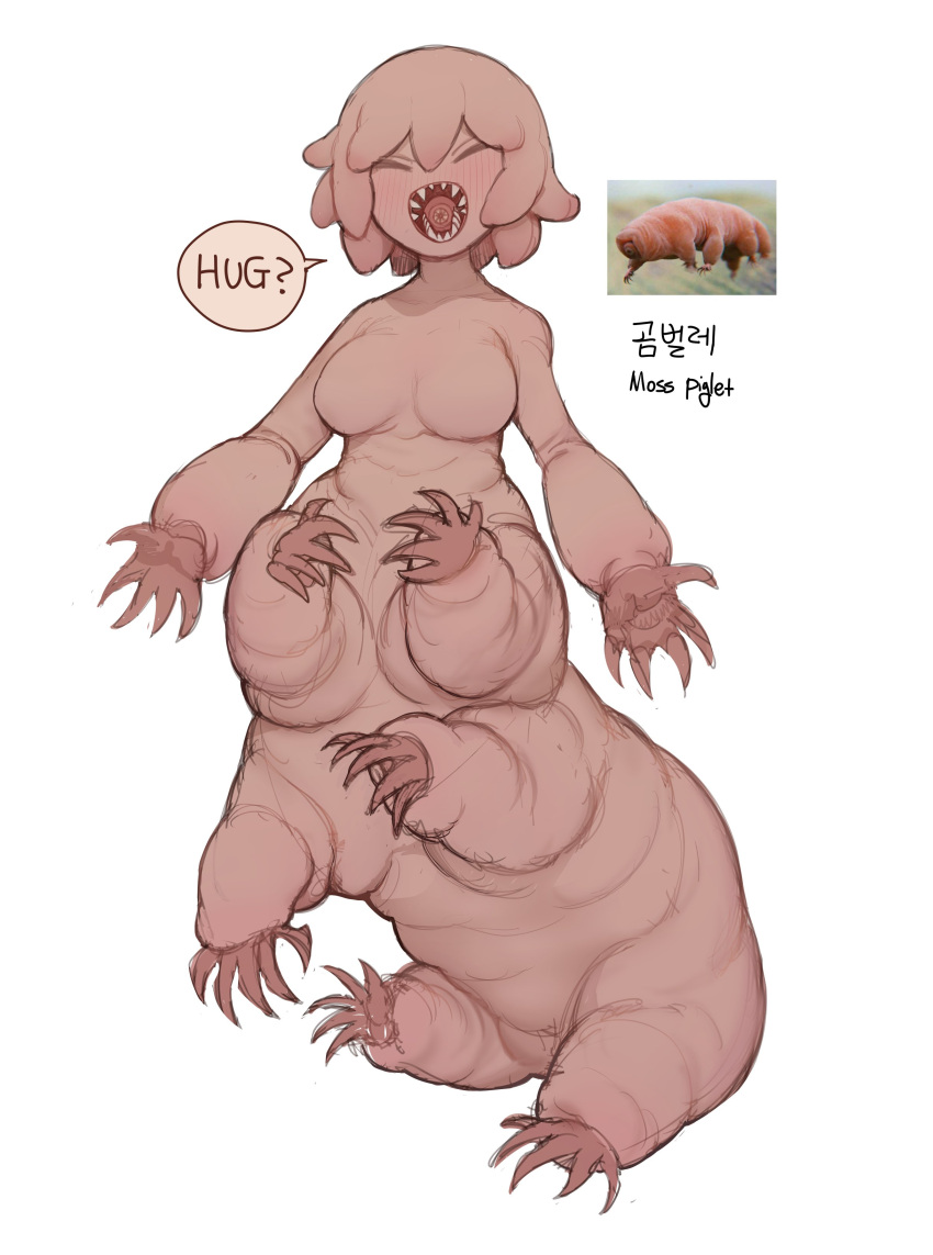 1girl absurdres closed_eyes colored_skin facing_viewer fangs full_body highres monster_girl multiple_legs open_mouth original personification pink_hair pink_skin short_hair simple_background sitting sketch solo sparrowl speech_bubble tardigrade taur white_background