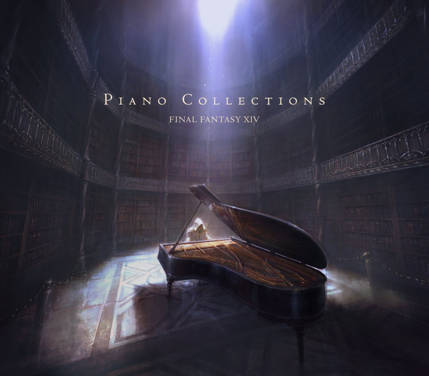 1boy album_cover artist_request book bookshelf copyright_name cover covered_face elidibus final_fantasy final_fantasy_xiv highres hood hood_up hooded_robe indoors instrument library light male_focus mask music official_art piano pillar playing_instrument realistic sitting solo spotlight stanchion white_robe wide_shot