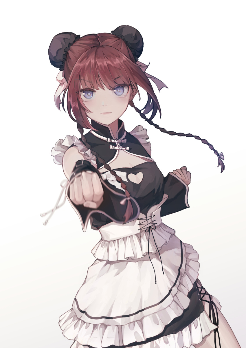1girl 85968106 absurdres braid breasts brown_hair bun_cover cleavage corset detached_sleeves double_bun hair_bun heart highres incoming_attack incoming_punch looking_at_viewer maid motion_blur original punching purple_eyes solo white_background