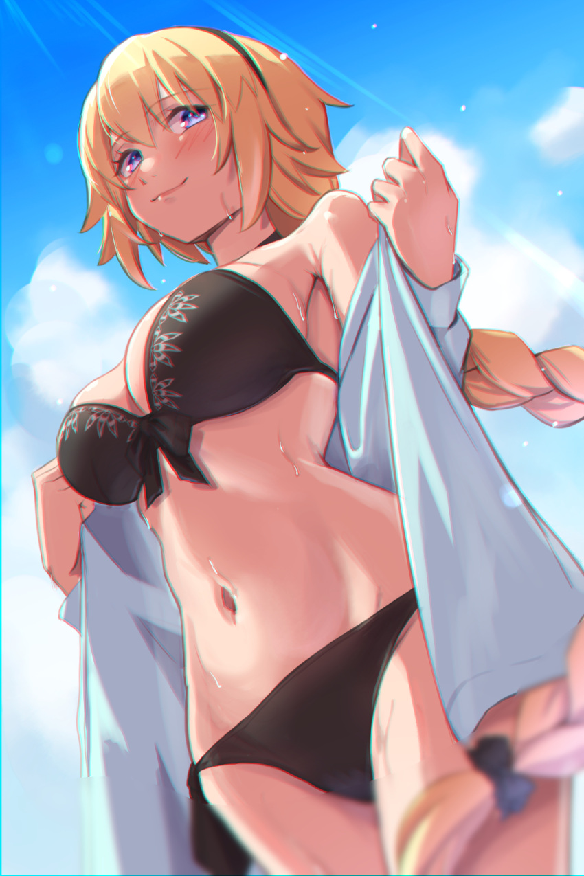 1girl bangs bikini black_bikini blonde_hair blue_eyes blue_jacket blue_sky blush braid braided_ponytail breasts chromatic_aberration cleavage fate/grand_order fate_(series) hairband highres hood hooded_jacket jacket jeanne_d'arc_(fate) jeanne_d'arc_(swimsuit_archer)_(fate) jeanne_d'arc_(swimsuit_archer)_(first_ascension)_(fate) large_breasts long_hair long_sleeves looking_at_viewer navel off_shoulder open_clothes open_jacket sky smile solo swimsuit very_long_hair wet yoshimoto_(carpsukidayo)