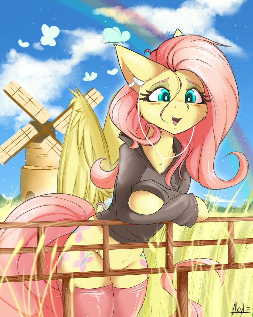 absurd_res akylie anthro arthropod blush bottomless butterfly clothed clothing cloud cutie_mark earbuds equid equine female fence fluttershy_(mlp) footwear friendship_is_magic headphones hi_res hoodie insect legwear lepidopteran mammal my_little_pony pegasus rainbow socks solo thigh_highs thigh_socks topwear wheat_field windmill wings