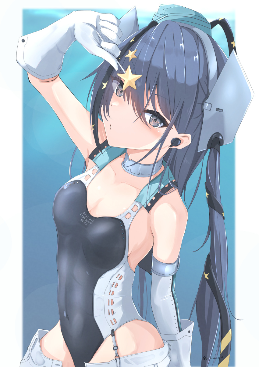 1girl absurdres aqua_headwear black_hair black_swimsuit blush candy clothes_writing collarbone competition_swimsuit food garrison_cap gloves grey_eyes hair_between_eyes hair_ornament hat headgear highres holding holding_candy holding_food kantai_collection long_hair one-piece_swimsuit scamp_(kancolle) side_ponytail solo star_(symbol) star_hair_ornament sukimizaki swimsuit upper_body white_gloves