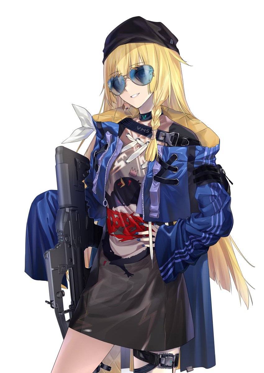 1girl absurdres assault_rifle bangs black_choker black_headwear black_skirt blonde_hair blue_eyes blue_jacket blue_nails braid choker commission feet_out_of_frame girls'_frontline gun hand_on_hip highres holding holding_gun holding_weapon jacket long_hair long_sleeves looking_at_viewer nail_polish open_clothes open_jacket open_mouth parted_lips pixiv_request print_shirt rifle shirt skirt smile solo standing sunglasses suprii teeth_hold vhs-d2 vhs_(girls'_frontline) weapon white_background white_shirt