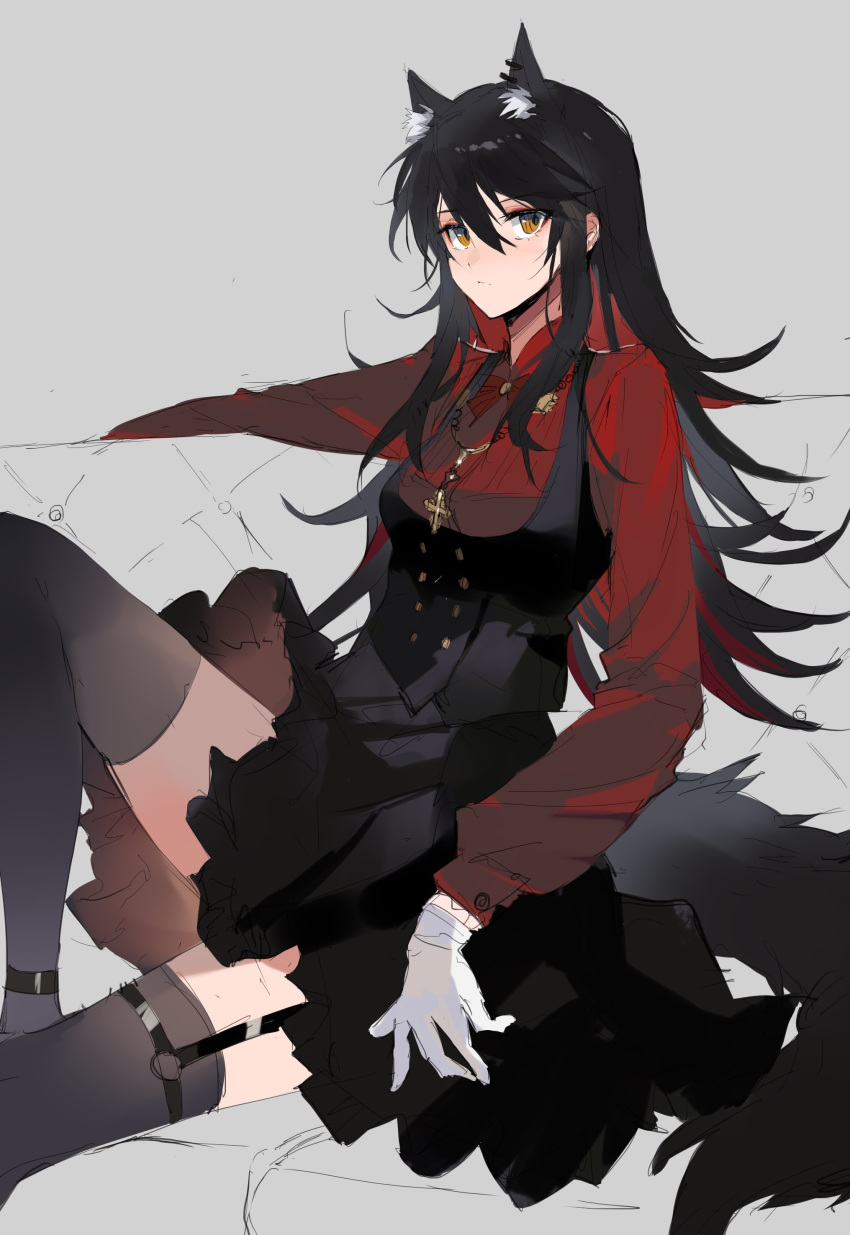 1girl absurdres animal_ear_fluff animal_ears arknights black_hair black_skirt black_thighhighs black_vest breasts colored_inner_hair ear_piercing extra_ears garter_straps gloves highres jewelry knee_up long_sleeves looking_at_viewer meng_ziya multicolored_hair necklace piercing red_hair red_shirt shirt sitting sketch skirt small_breasts solo tail texas_(arknights) thighhighs two-tone_hair unfinished unfinished_background vest white_gloves wolf_ears wolf_girl wolf_tail
