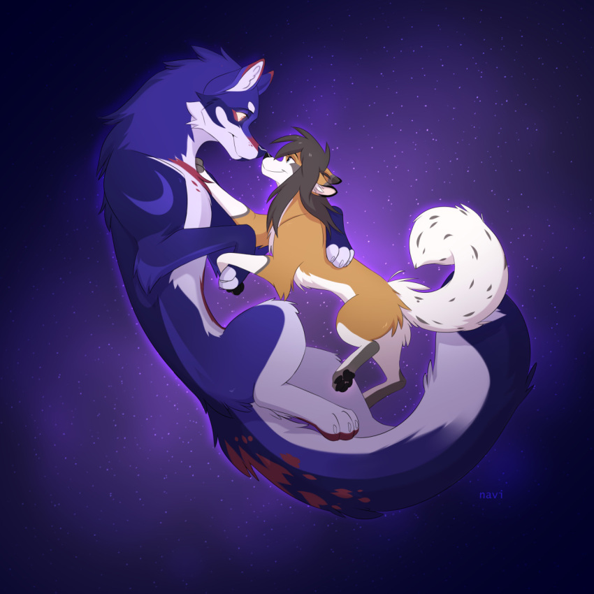 angel_(naviheart) boop canid canine canis duo female feral floating hair hi_res looking_at_another male mammal naviheart nose_boop pawpads romantic romantic_couple sky smile star starry_sky wolf