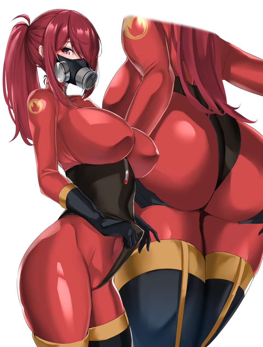 1girl absurdres ass bangs black_gloves black_leotard black_thighhighs bodysuit breasts commission covered_navel elbow_gloves gas_mask gloves highres large_breasts leotard long_hair looking_at_viewer maruyaa_(malya1006) mask multiple_views ponytail red_bodysuit red_eyes red_hair simple_background skeb_commission team_fortress_2 the_pyro thighhighs thighs white_background